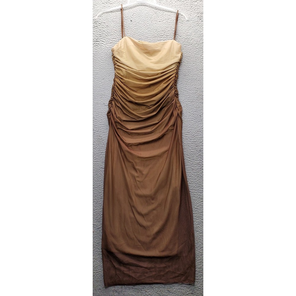 Micas Bodycon Maxi Dress Women S Brown Mesh Side Ruched Sleeveless Retro Fashion